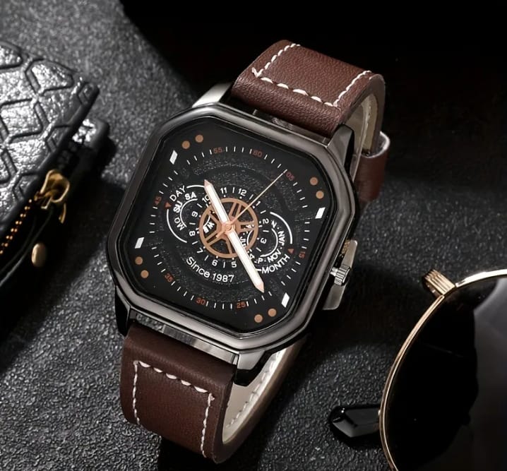 Stylish Polygon Dial Watch for Men – Vintage Quartz Design with PU Leather Band
