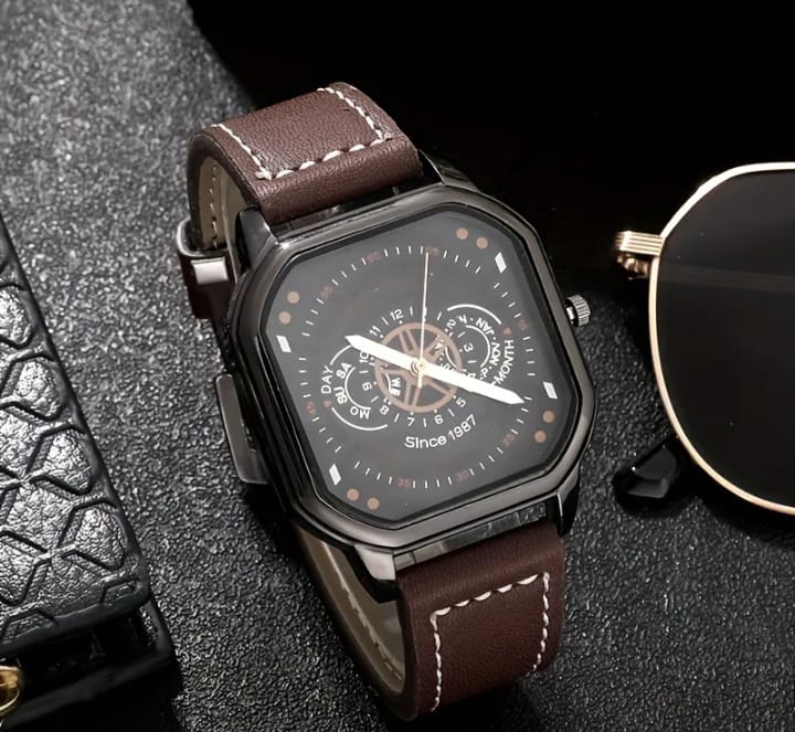 Stylish Polygon Dial Watch for Men – Vintage Quartz Design with PU Leather Band