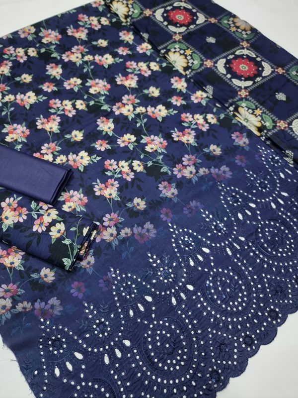 ✨ Haniya ✨ 3 Piece Digital Printed Doriya Shirt With Front Shifli Boring Daman Chickenkari/unstitched Suit New Collection For Womens