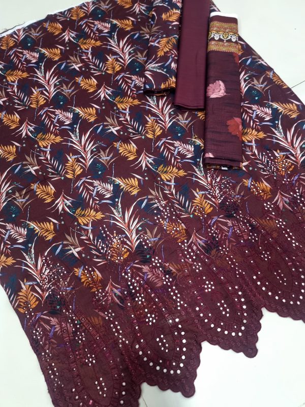 ✨ Haniya ✨ 3 Piece Digital Printed Doriya Shirt With Front Shifli Boring Daman Chickenkari/unstitched Suit New Collection For Womens
