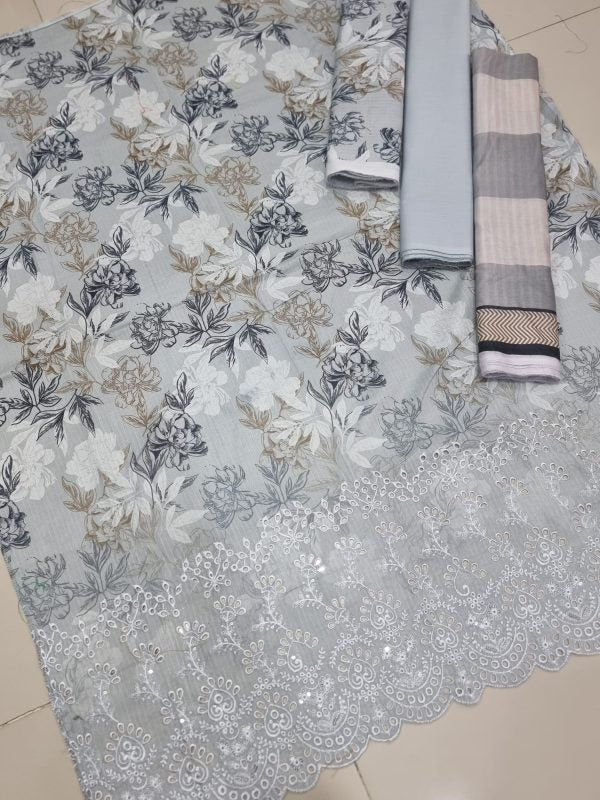 ✨ Haniya ✨ 3 Piece Digital Printed Doriya Shirt With Front Shifli Boring Daman Chickenkari/unstitched Suit New Collection For Womens