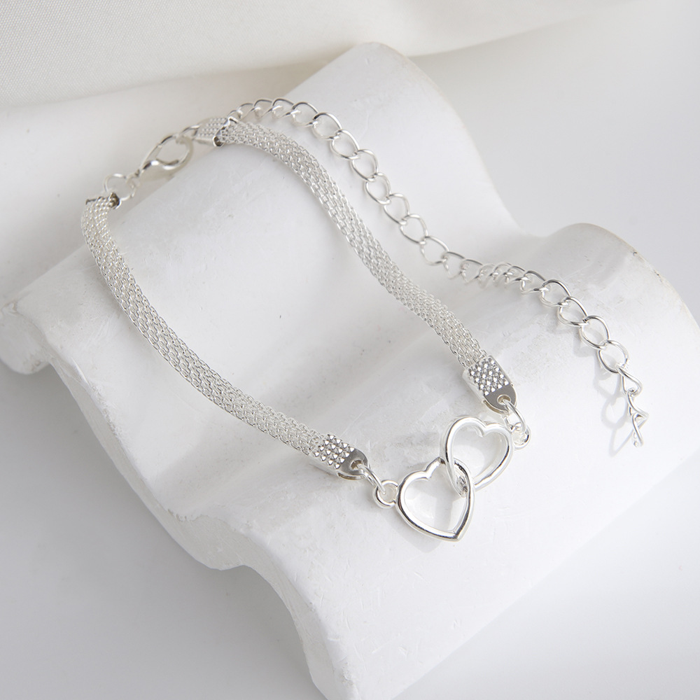 Two Hearts Flat Chain Anklet – Elegant Fashion Jewelry for Women & Girls