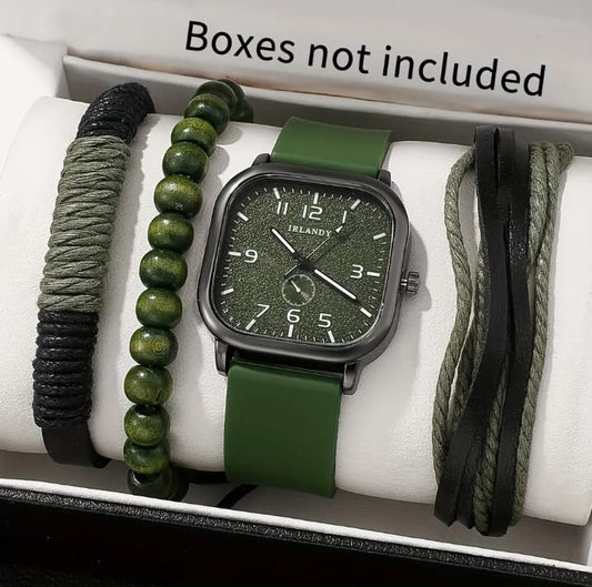 Casual Green Quartz Watch for Men – Bracelet Gift Set | Work & Daily Wear