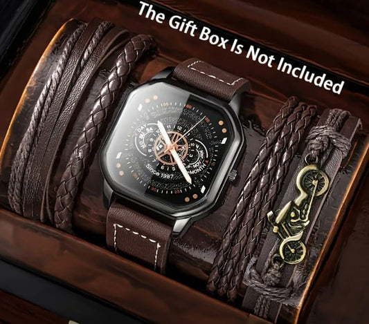 Stylish Polygon Dial Watch for Men – Vintage Quartz Design with PU Leather Band