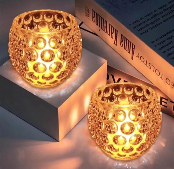 "Amber Shine Crystal Tealight Holder – Elegant LED Candle Light for Home & Office Decor (Battery Operated