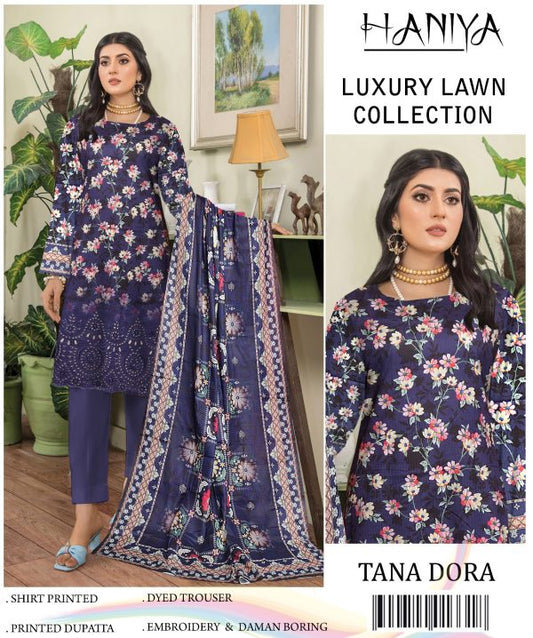 ✨ Haniya ✨ 3 Piece Digital Printed Doriya Shirt With Front Shifli Boring Daman Chickenkari/unstitched Suit New Collection For Womens