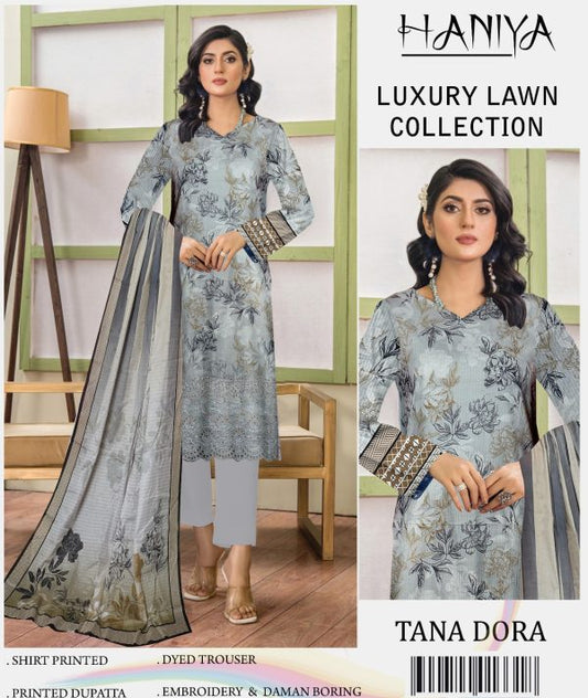 ✨ Haniya ✨ 3 Piece Digital Printed Doriya Shirt With Front Shifli Boring Daman Chickenkari/unstitched Suit New Collection For Womens