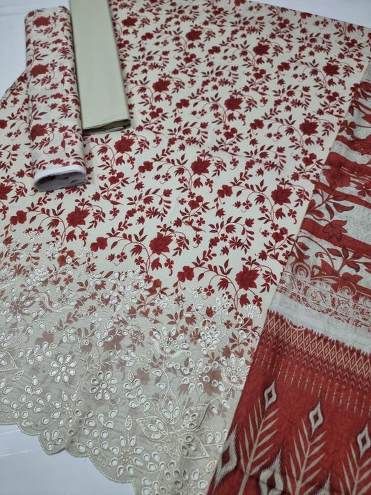 Latest     ✨ Haniya ✨ 3 Piece Digital Printed Doriya Shirt With Front Shifli Boring Daman Chickenkari/unstitched Suit New Collection For Womens